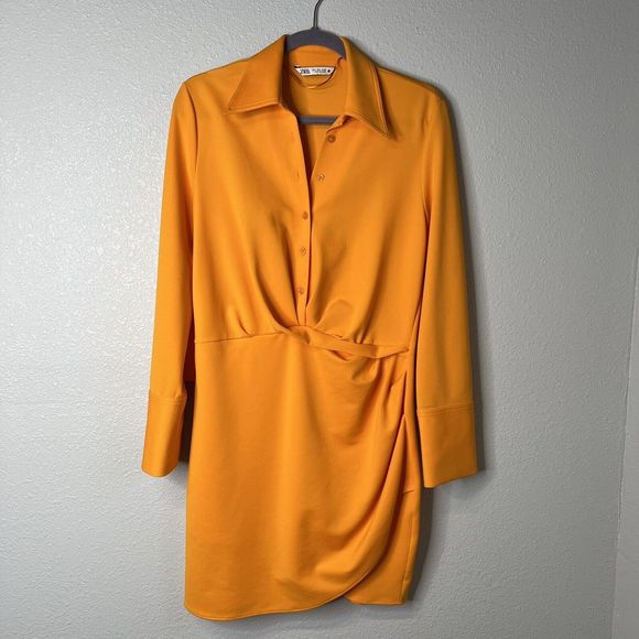 Zara ORANGE MINI DRAPED SHIRT DRESS 4437/09 Large - Picture 1 of 5